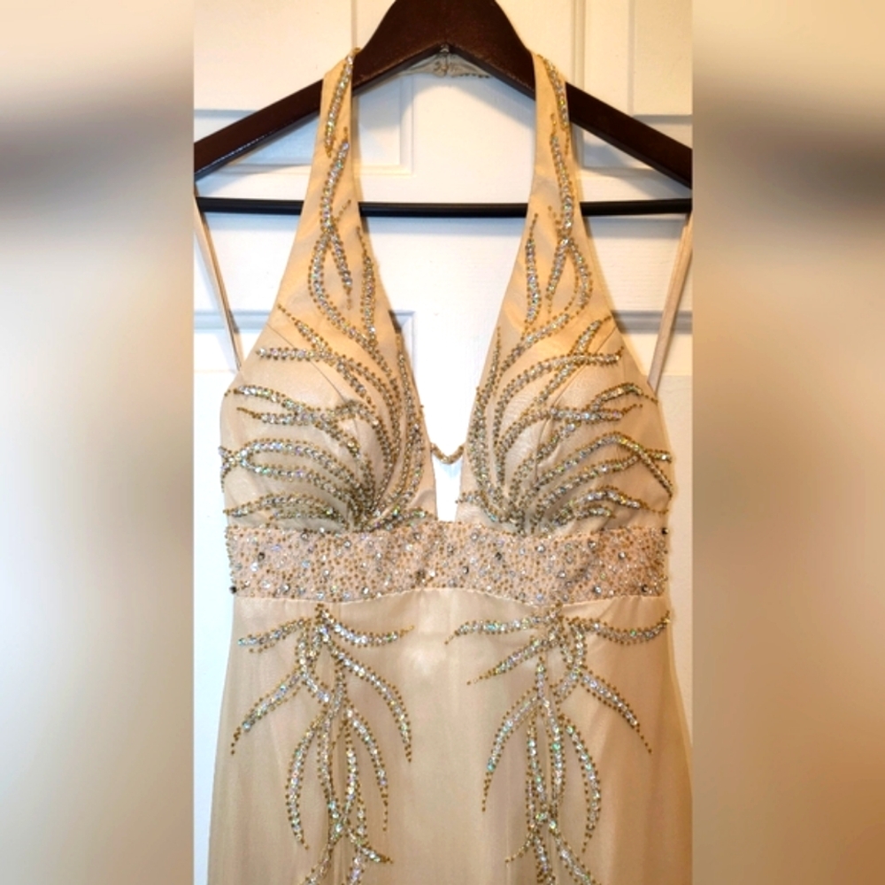 Night Moves Champagne Nude Embellished Evening Gown